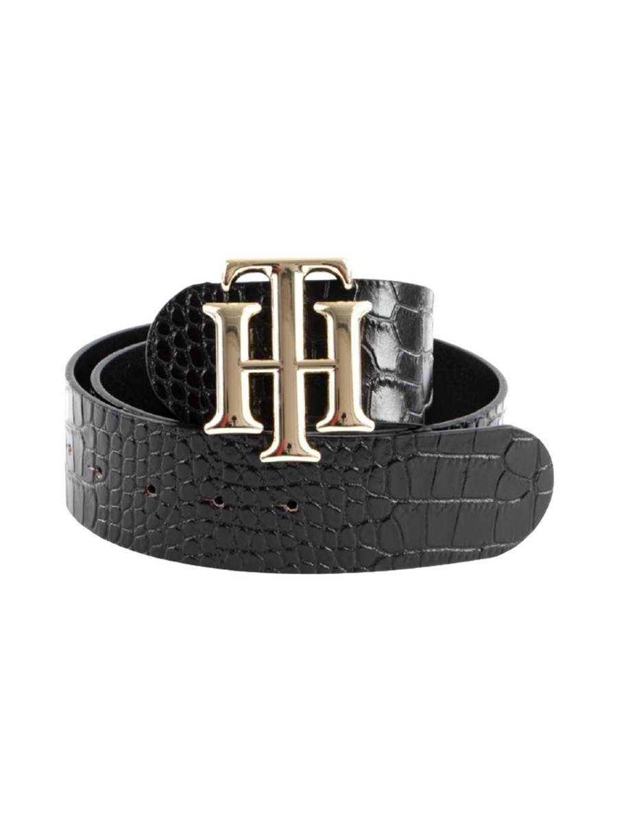 WOMEN BELT TOMMY HILFIGER LOGO CROCO HIGH WAIS 5.0 AW0AW09309-BDS BLACK LEATHER