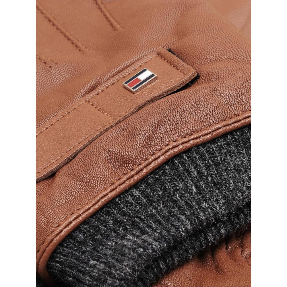 MEN GLOVES TOMMY HILFIGER ELEVATED FLAG LEATHER MIX GLOVES AM0AM06589-0HE BROWN LEATHER