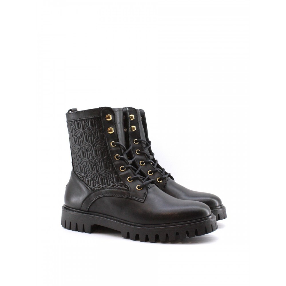 WOMEN RAINBOOT TOMMY HILFIGER TH MONOGRAME LACE UP BOOT FW0FW05994-BDS BLACK RUBBER