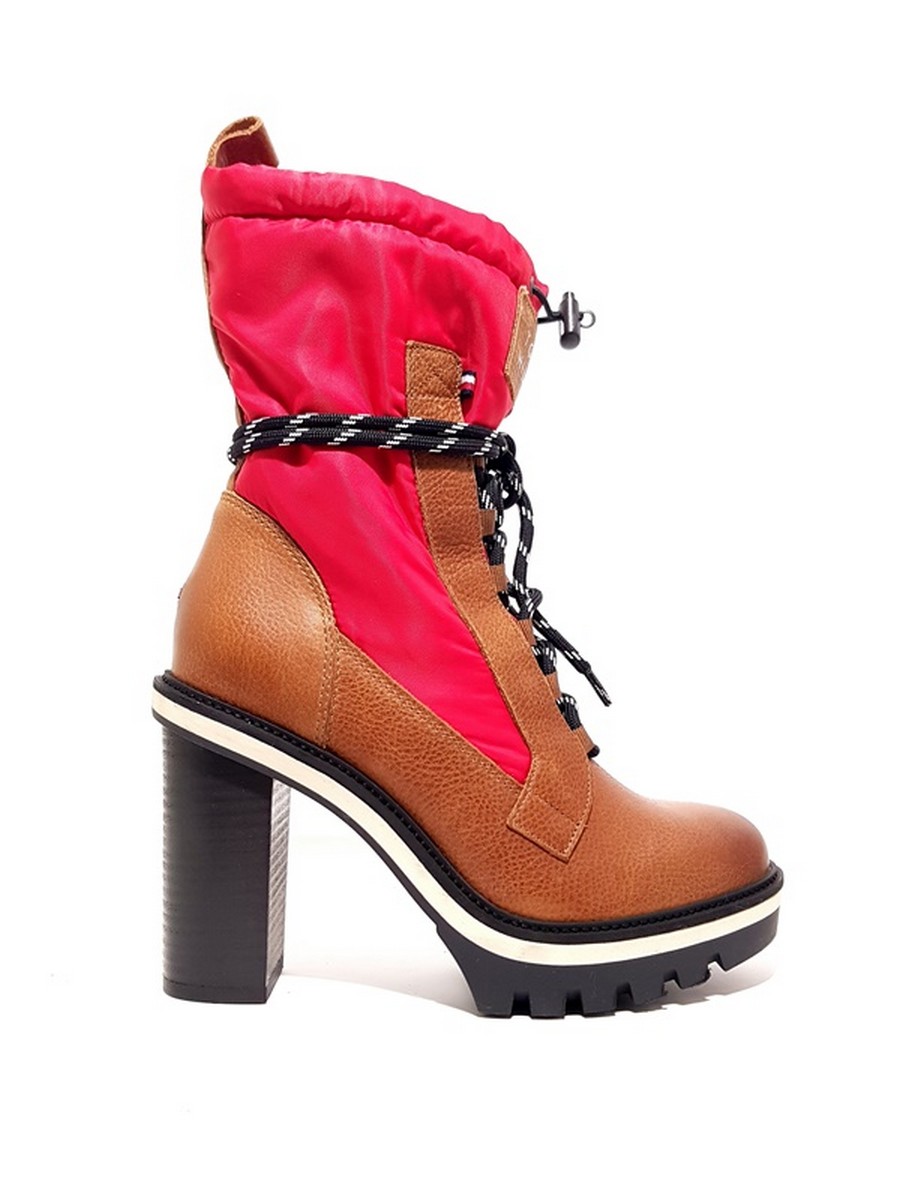 Women's Boot Tommy Hilfiger Fun Outdoor Nylon Bootie FW0FW04345-681 Brown-Red Leather-Fabric