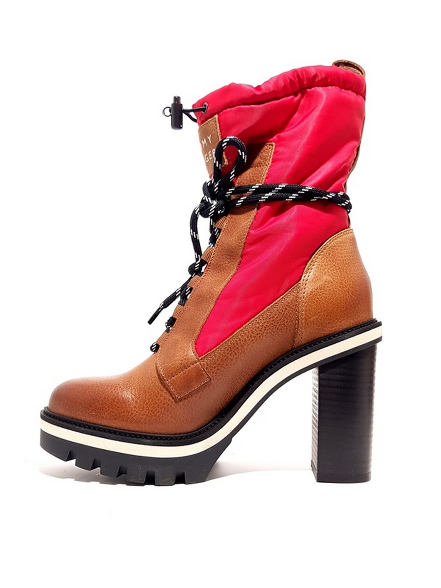 Women's Boot Tommy Hilfiger Fun Outdoor Nylon Bootie FW0FW04345-681 Brown-Red Leather-Fabric