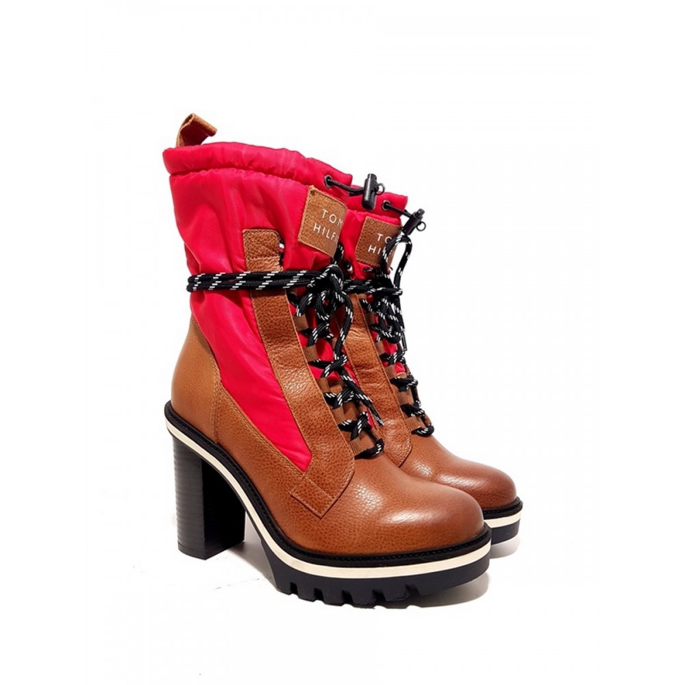 Γυναικείο Μποτάκι Tommy Hilfiger Fun Outdoor Nylon Bootie FW0FW04345-681 Ταμπά-Κόκκινο Δέρμα-Υφασμα