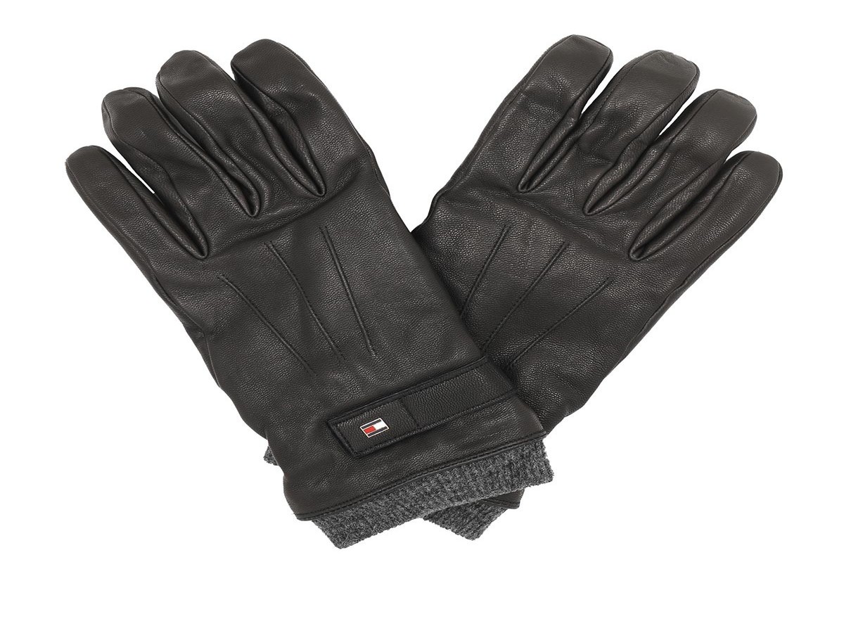 MEN GLOVES TOMMY HILFIGER ELEVATED FLAG LEATHER MIX GLOVES AM0AM06589-BDS BLACK LEATHER