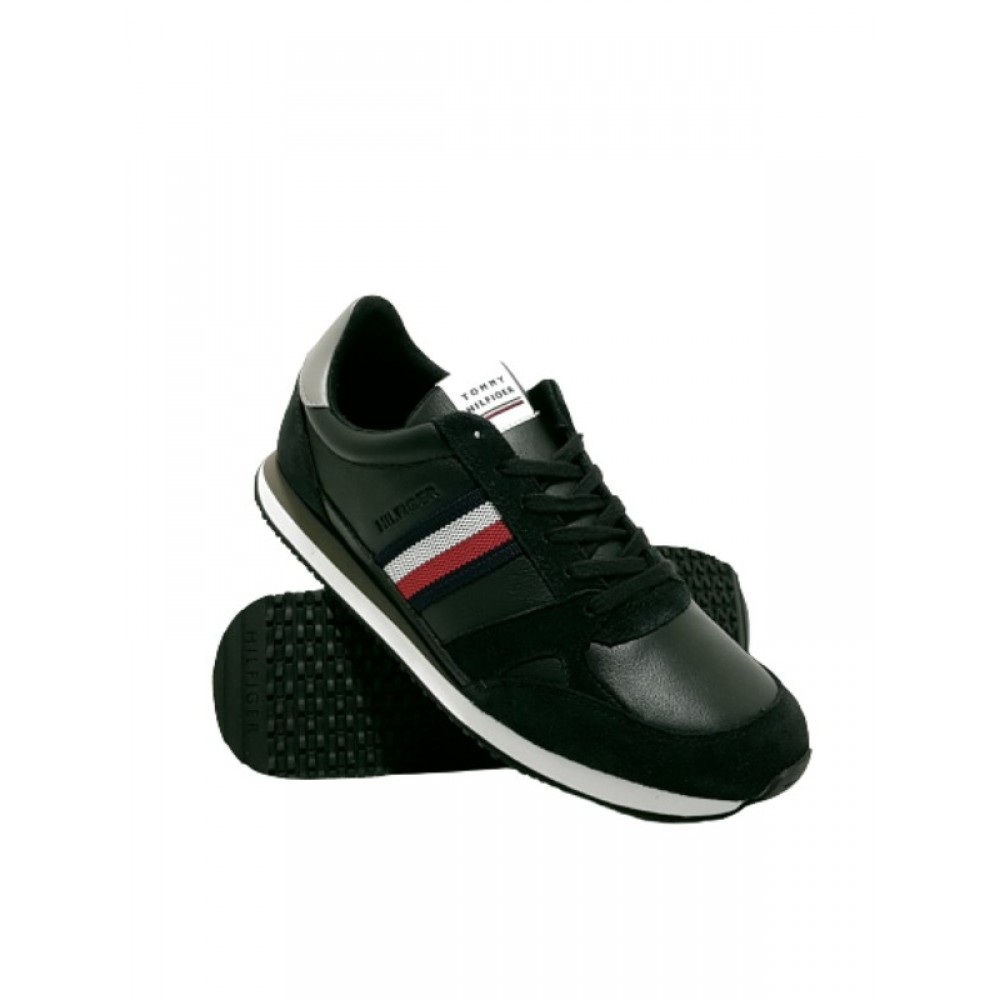 Ανδρικό Sneaker Tommy Hilfiger Runner Lo Leather Stripew FM0FM03430-BDS Μαύρο