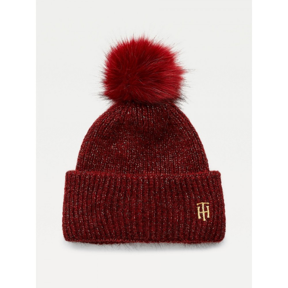 Γυναικείος Σκούφος Tommy Hilfiger Th Effortless Beanie Pom Pom AW0AW10623-VLP Μπορντό Πλεκτός