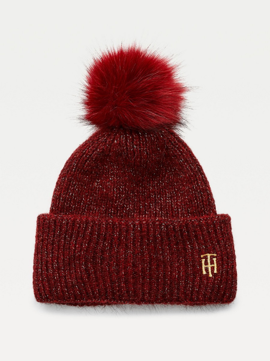 Γυναικείος Σκούφος Tommy Hilfiger Th Effortless Beanie Pom Pom AW0AW10623-VLP Μπορντό Πλεκτός