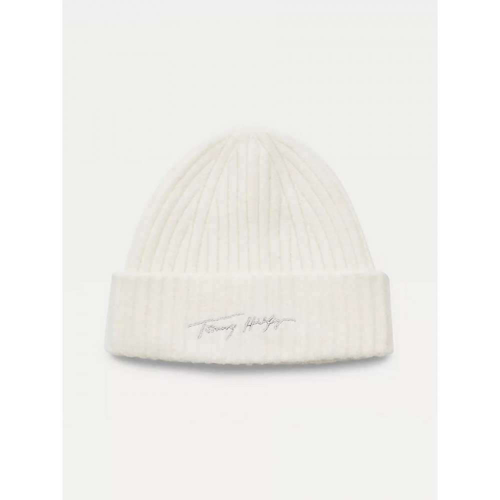 Women Tommy Hilfiger Signature Fresh Beanie AW0AW10621-YBL Off White 