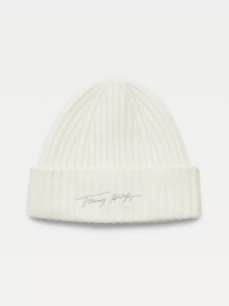 Women Tommy Hilfiger Signature Fresh Beanie AW0AW10621-YBL Off White 