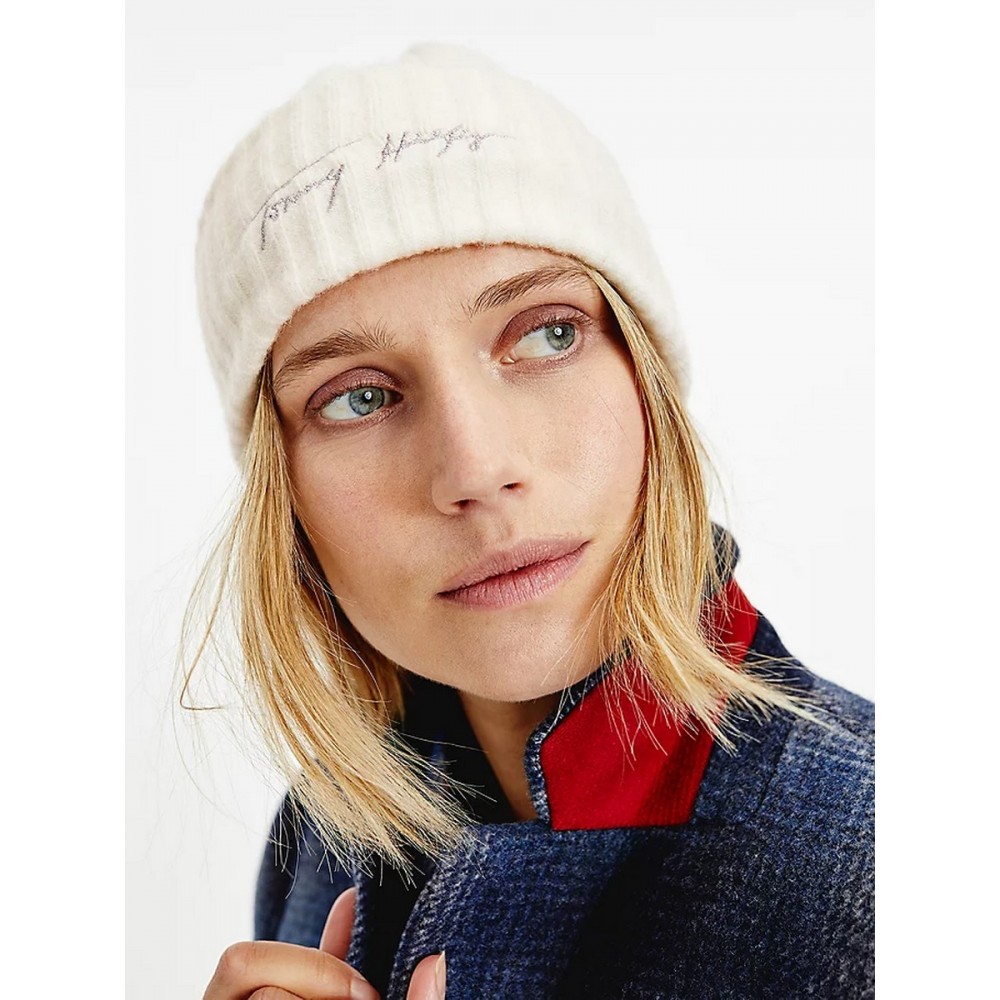 Women Tommy Hilfiger Signature Fresh Beanie AW0AW10621-YBL Off White 