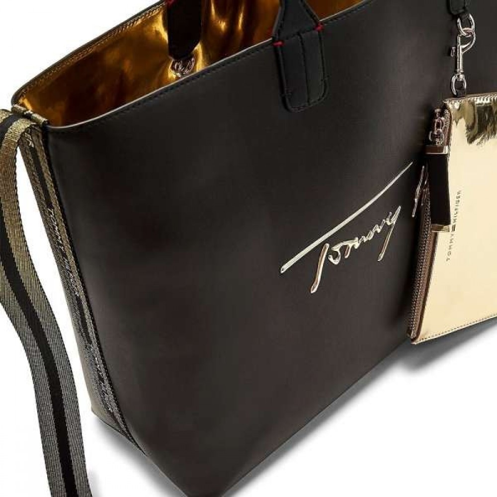 Women Bag Tommy Hilfiger Iconic Tommy Tote Sing AW0AW10457-DBS Black Eco Leather