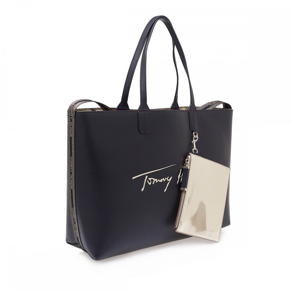 Women Bag Tommy Hilfiger Iconic Tommy Tote Sing AW0AW10457-DBS Black Eco Leather