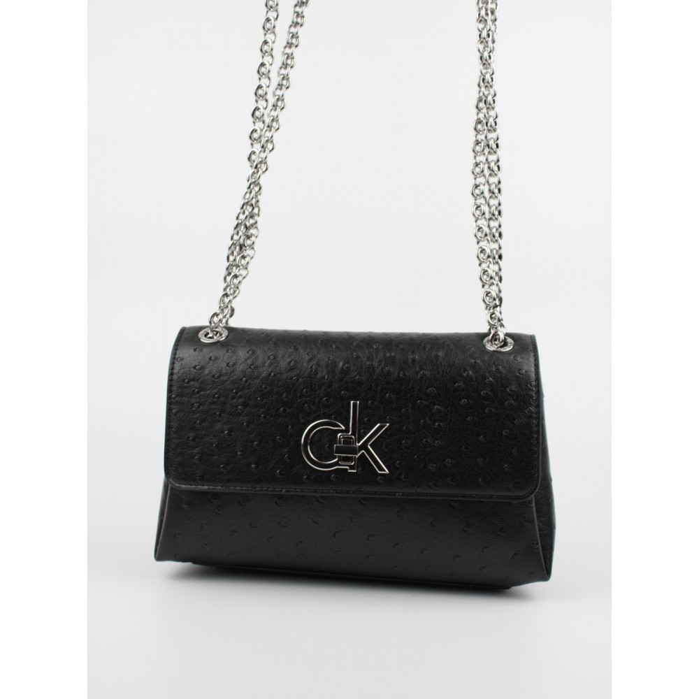 Γυναικεία Τσάντα Calvin klein Re-Lock  Ew Conv Flap Xbody Ostrich K60K608583-BAX Μαύρο Συνθετικό