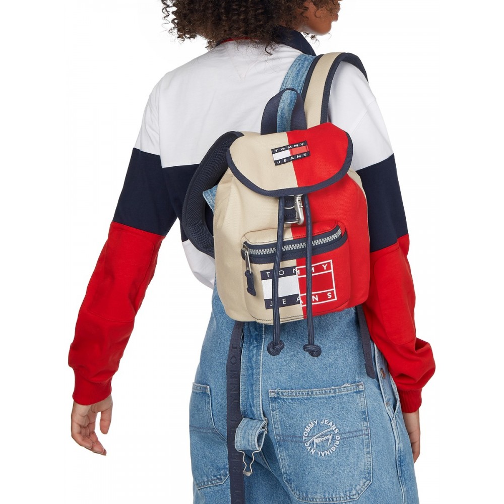 Γυναικεία Τσάντα Tommy Hilfiger Tjw Heritage Backpack Spliced AW0AW11791-0GZ Μπέζ-Κόκκινο Υφασμα