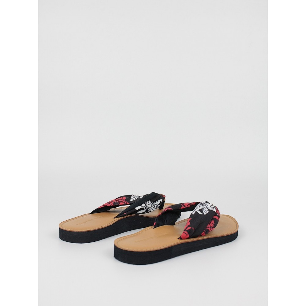 Women's Flip Flops Tommy Hilfiger Flower Print Flat Beach Sandal FW0FW06422-0GY Black-Multi Fabric