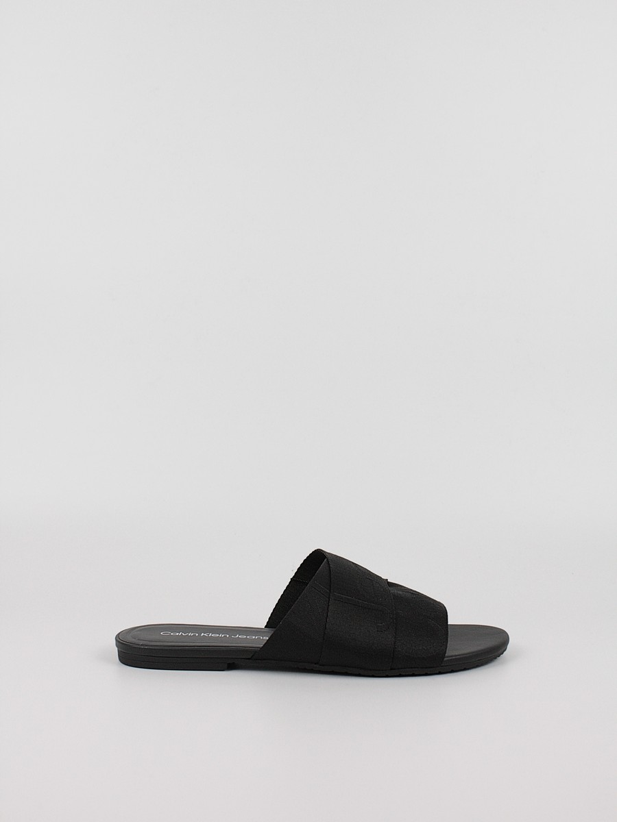 Women's Mules Calvin KLein Flat Sandal Slide Webbing YW0YW00955-BDS Black